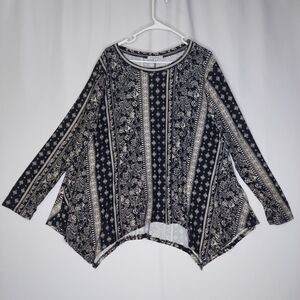 Green Envelope Top Womens 3X Black Pattern Stripe Long Sleeve Asymmetric Hem